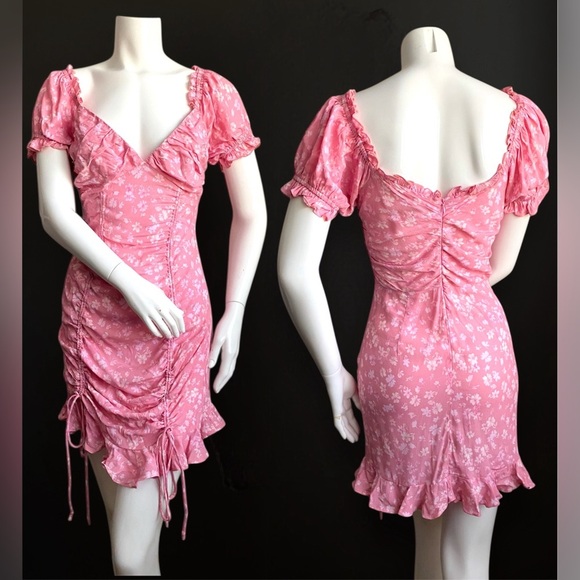 Sky to Moon Pink White Ditsy Floral Mini Cinched Dress Bodycon Retro Coquette M - Picture 1 of 8
